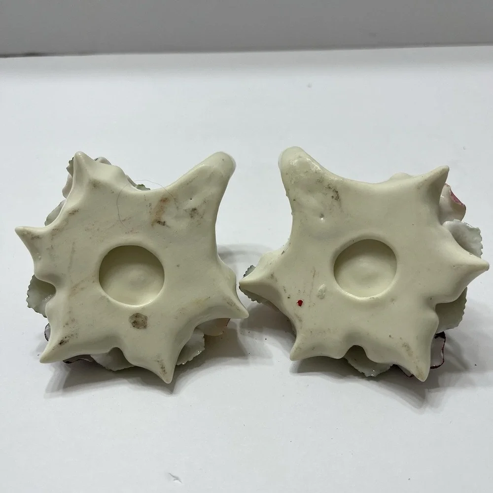 Vintage Porcelain Taper Candle Holders Finger Loop White 3D Hand Painted Roses 2